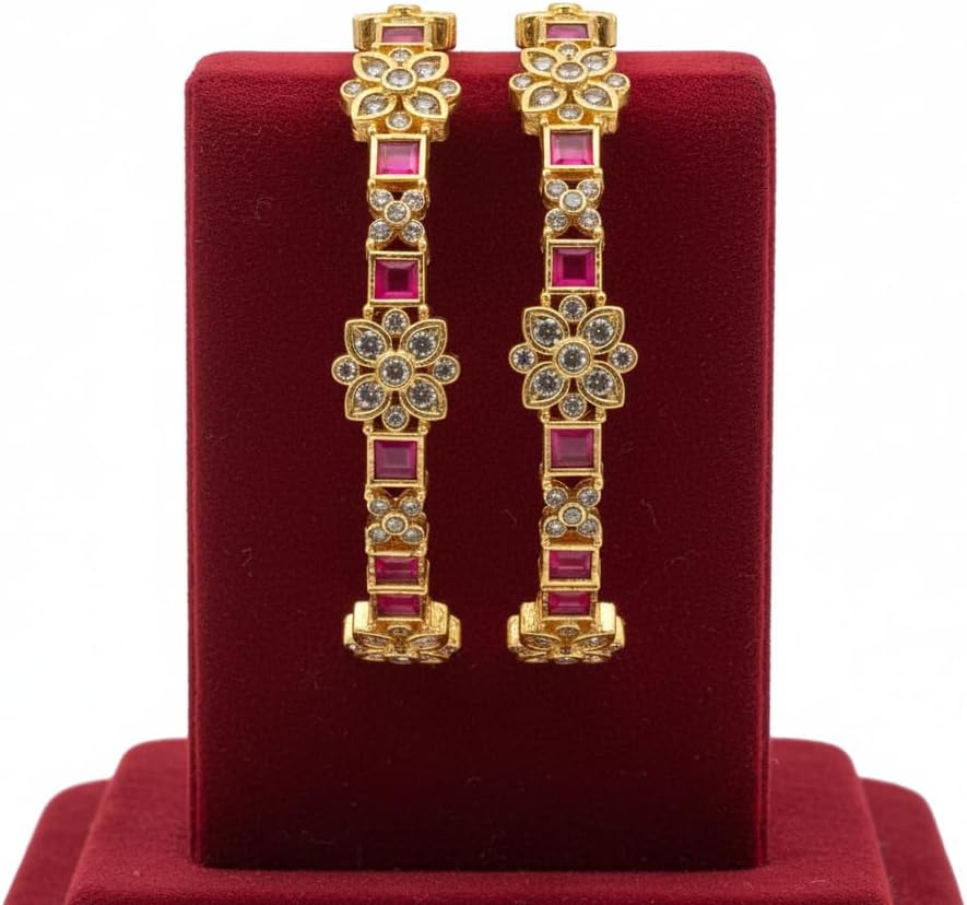 1495-Pretty Precious Gold Plated Cubic Zirconia/American Diamond Traditional Bangles/Bracelet Set of 2 for Women and Girls- Ruby (Size 2.4)