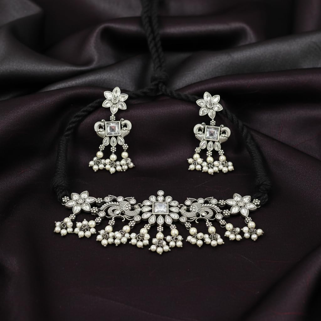 1555-Pretty Precious Latest Stylish Traditional Oxidised Silver Necklace (Choker) Jewellery Set for Women | Antique Finish Ethnic Necklace (Choker) with Earrings | Festive & Party Wear-White Colour