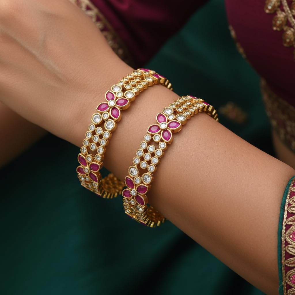 1493-Pretty Precious Gold Plated Cubic Zirconia/American Diamond Traditional Bangles/Bracelet Set of 2 for Women and Girls- Ruby (Size 2.6)