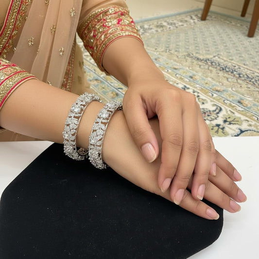 1458-Pretty Precious Rodhium-Plated Cubic Zirconia/American Diamond Traditional Bangles/Bracelet Set of 2 for Women and Girls -White (Size 2.8)