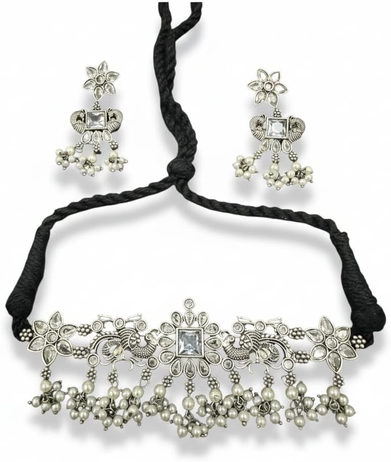 1555-Pretty Precious Latest Stylish Traditional Oxidised Silver Necklace (Choker) Jewellery Set for Women | Antique Finish Ethnic Necklace (Choker) with Earrings | Festive & Party Wear-White Colour