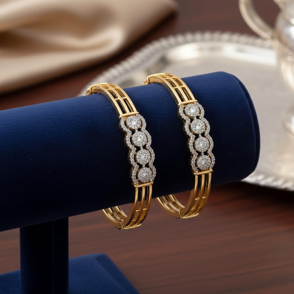 1479-Pretty Precious Two Tone Cubic Zirconia/American Diamond Traditional Bangles/Bracelet Set of 2 for Women and Girls- (Size 2.6)