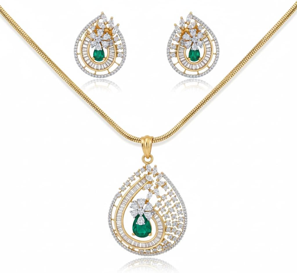 1386-Pretty Precious AD Two Tone Pendant Set for Women | American Diamond Pendant with Earrings & Chain | Elegant Party, Wedding & Daily Wear Jewellery-Green