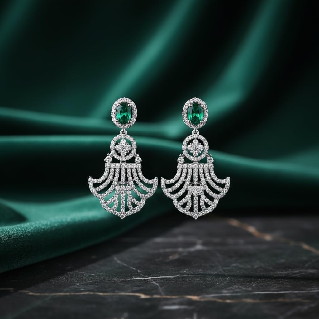 437659-Pretty Precious Rhodium Plated American Diamond Earrings for Women & Girls | AD Stud Earrings | Sparkling Cubic Zirconia Jewellery | Elegant Party & Daily Wear-Green