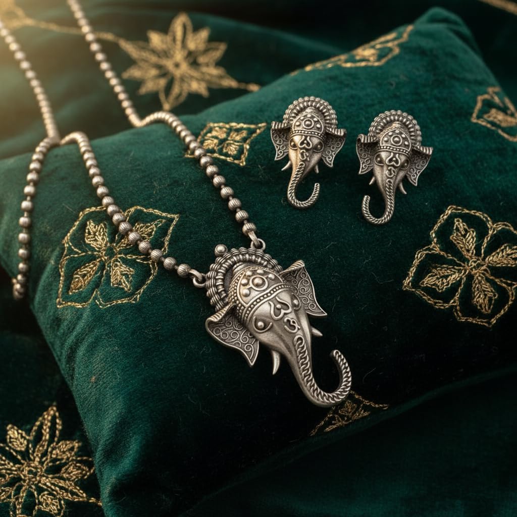 1564-Pretty Precious Latest Stylish Traditional Oxidised Silver Pendant Set for Women & Girls | Ethnic Necklace Jewellery Set for Festive & Casual Wear