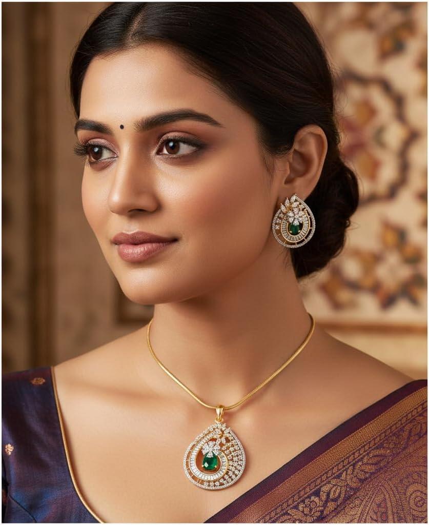 1386-Pretty Precious AD Two Tone Pendant Set for Women | American Diamond Pendant with Earrings & Chain | Elegant Party, Wedding & Daily Wear Jewellery-Green