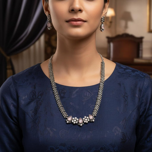 1549-Pretty Precious Latest Stylish Traditional Oxidised Silver Necklace Jewellery Set for Women | Antique Finish Ethnic Necklace with Matching Earrings | Festive & Party Wear-Pink Colour