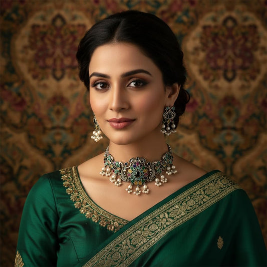 1547-Pretty Precious Latest Stylish Traditional Oxidised Silver Necklace (Choker) Jewellery Set for Women | Antique Finish Ethnic Necklace (Choker) with Earrings | Festive & Party Wear-Multi Colour