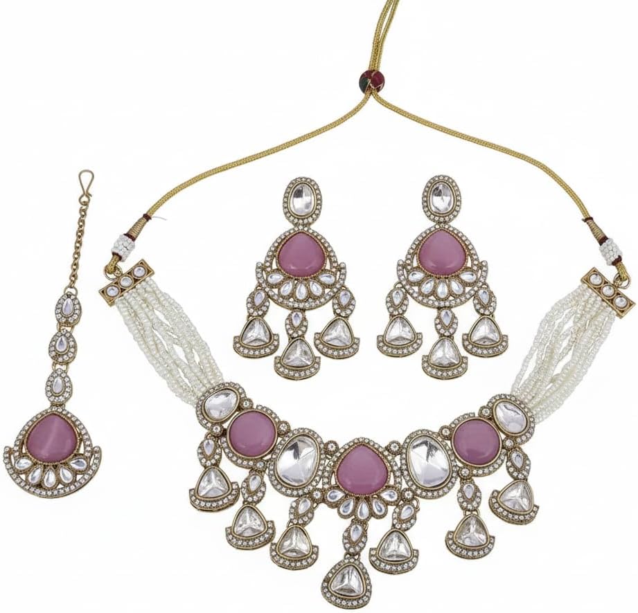 112830-Pretty Precious Kundan Necklace Set with Maang Tikka and Earrings for Women & Girls | Gold Plated Traditional Bridal Jewellery Set | Wedding, Festive & Party Wear-Pink