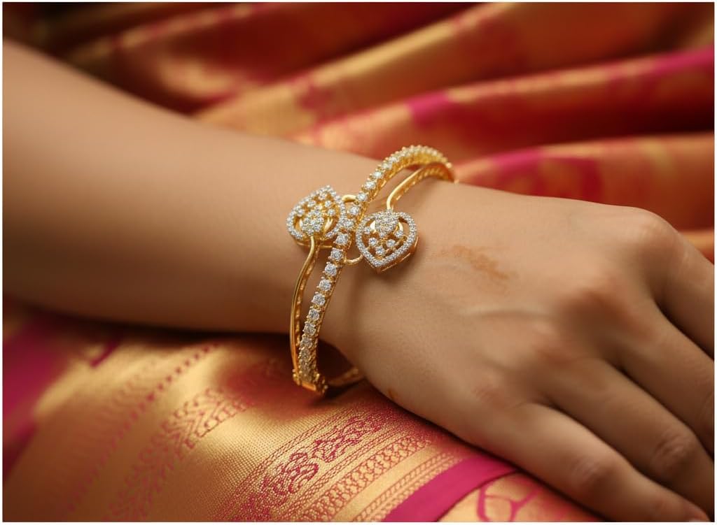 1422-Pretty Precious American Diamond Openable Kada Bracelet for Women, Gold & Silver Plating, Cubic Zirconia, One Size, Party & Wedding-White