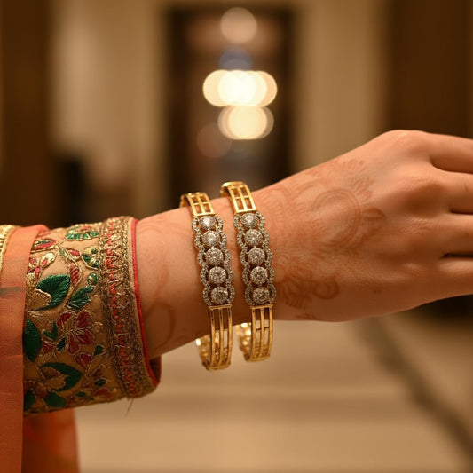 1479-Pretty Precious Two Tone Cubic Zirconia/American Diamond Traditional Bangles/Bracelet Set of 2 for Women and Girls- (Size 2.6)