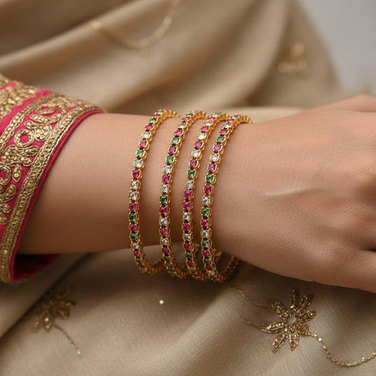 1487-Pretty Precious Gold Plated Cubic Zirconia/American Diamond Traditional Bangles/Bracelet Set of 2 for Women and Girls- Green (Size 2.6)