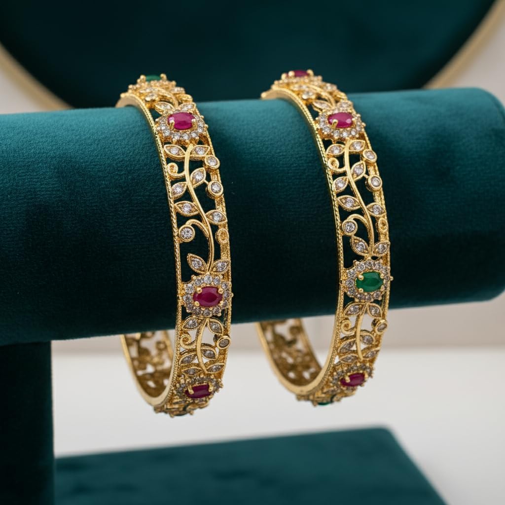 1497-Pretty Precious Gold Plated Cubic Zirconia/American Diamond Traditional Bangles/Bracelet Set of 2 for Women and Girls- Ruby Green (Size 2.6)