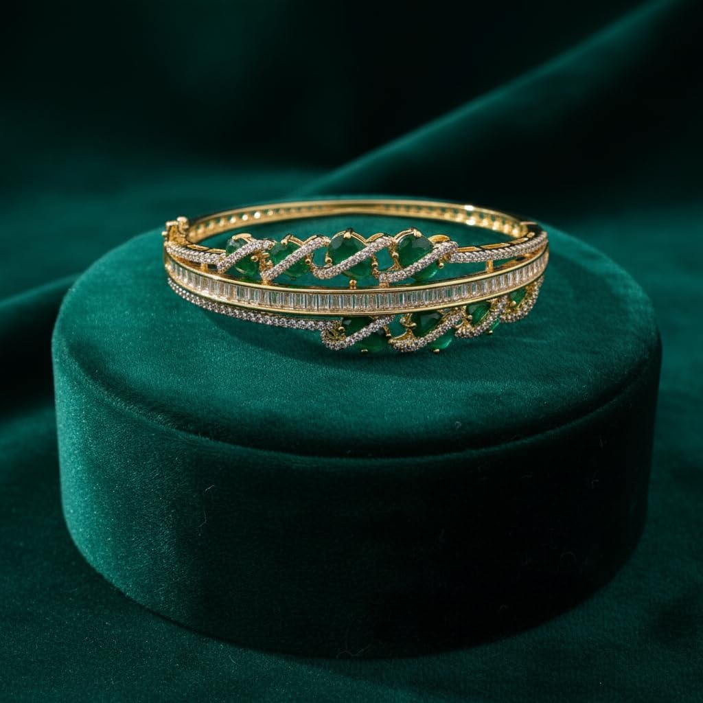 1428-Pretty Precious American Diamond Openable Kada Bracelet for Women, Gold & Silver Plating, Cubic Zirconia, One Size, Party & Wedding-Green