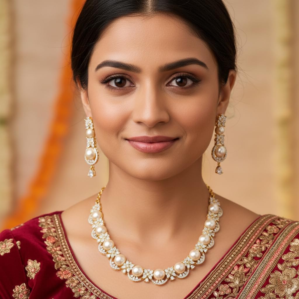 1405-Pretty Precious AD Necklace Set for Women | Two Tone American Diamond Necklace & Earrings Set | Party, Wedding & Festive Jewellery-Pearl