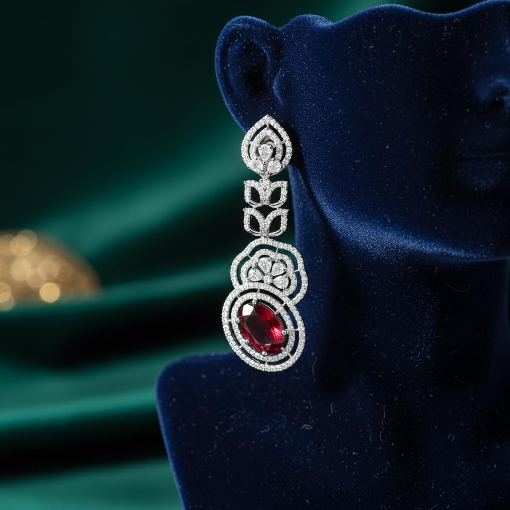 1374-Pretty Precious Earrings, AD Stones, Rhodium Plated, Dangle Design, Cubic Zirconia, Silver, Party Wear-Ruby