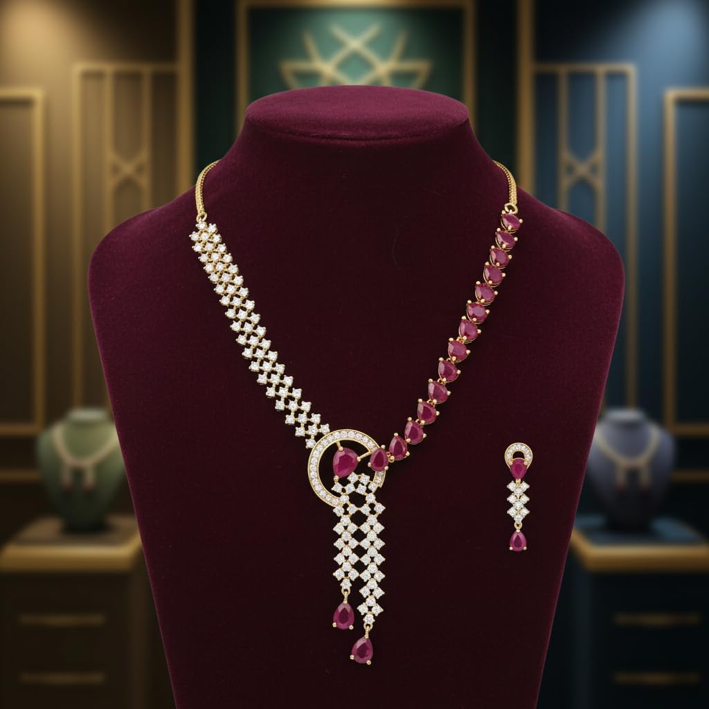 1404-Pretty Precious AD Necklace Set for Women | Two Tone American Diamond Necklace & Earrings Set | Party, Wedding & Festive Jewellery-Ruby Colour