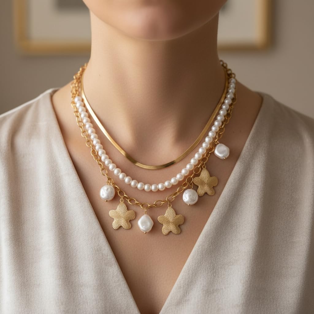 BC22533-Pretty Precious Layered Necklace Set, Gold, Pearl and Shell Charms, Multi-Strand Chain, Beach Ocean Theme