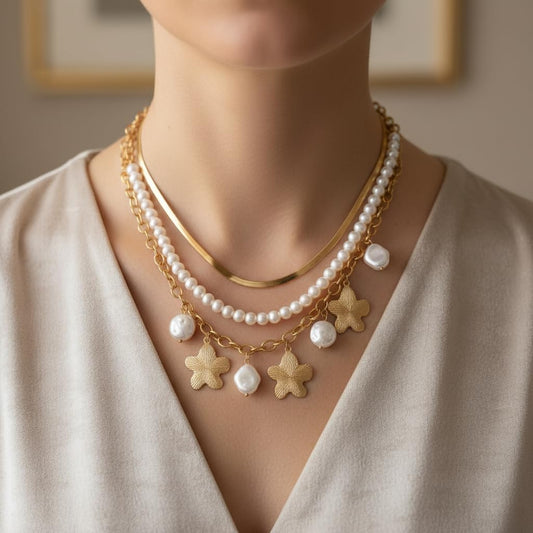 BC22533-Pretty Precious Layered Necklace Set, Gold, Pearl and Shell Charms, Multi-Strand Chain, Beach Ocean Theme