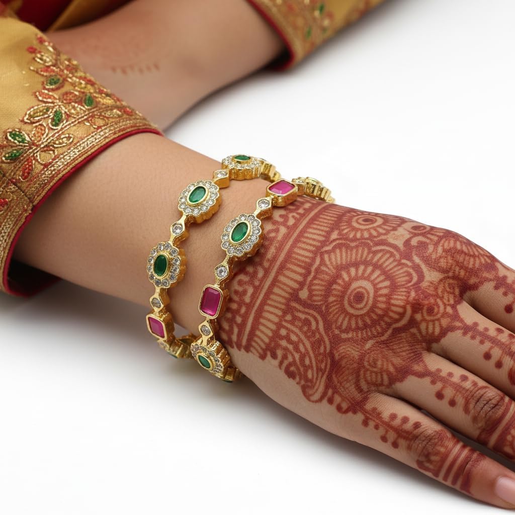 1488-Pretty Precious Gold Plated Cubic Zirconia/American Diamond Traditional Bangles/Bracelet Set of 2 for Women and Girls- Ruby Green (Size 2.4)