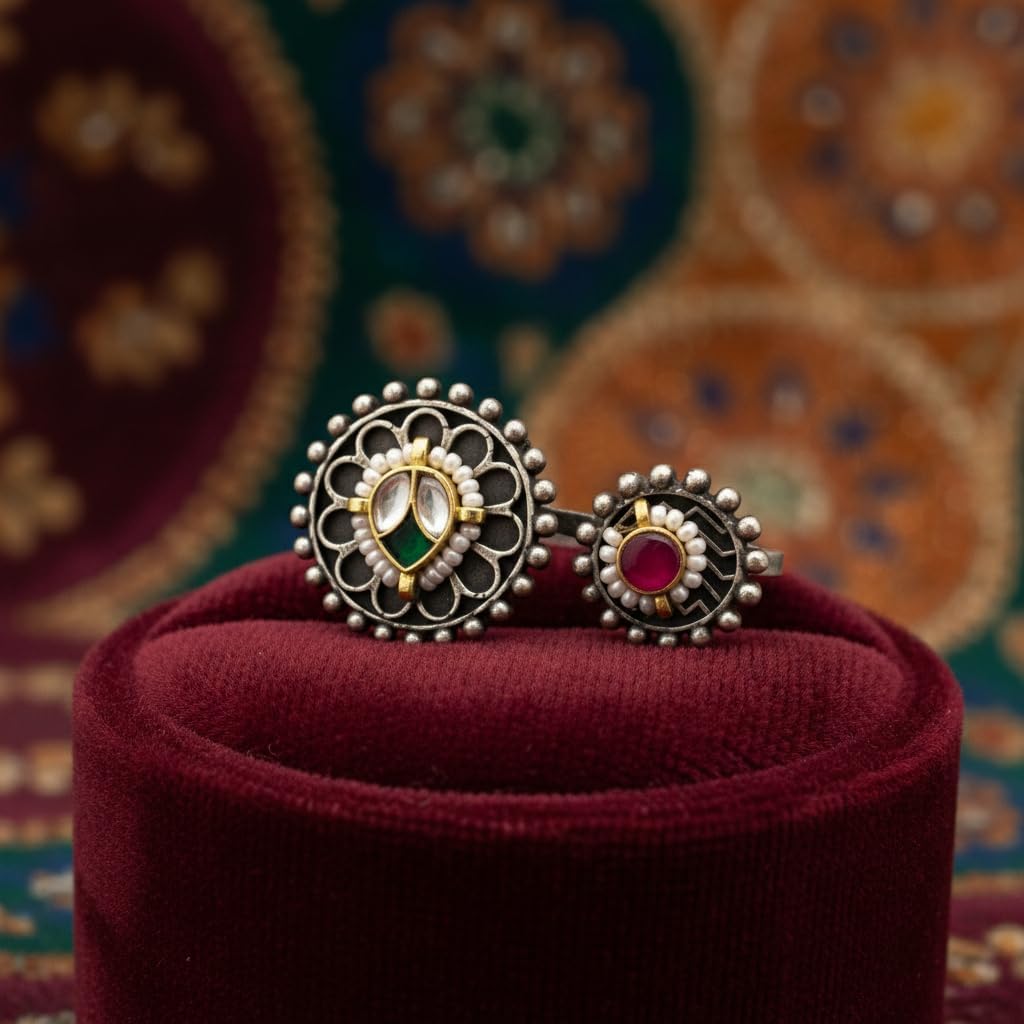 1542-Pretty Precious Dual Floral Ring, Oxidized Silver with Gold Accents, Green and Pink Stones, Pearl Detailing, Traditional Indian Design