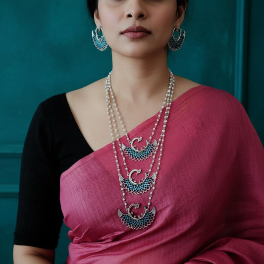 1556-Pretty Precious Latest Stylish Traditional Oxidised Silver Necklace Jewellery Set for Women | Antique Finish Ethnic Necklace with Matching Earrings | Festive & Party Wear-Aqua with Blue