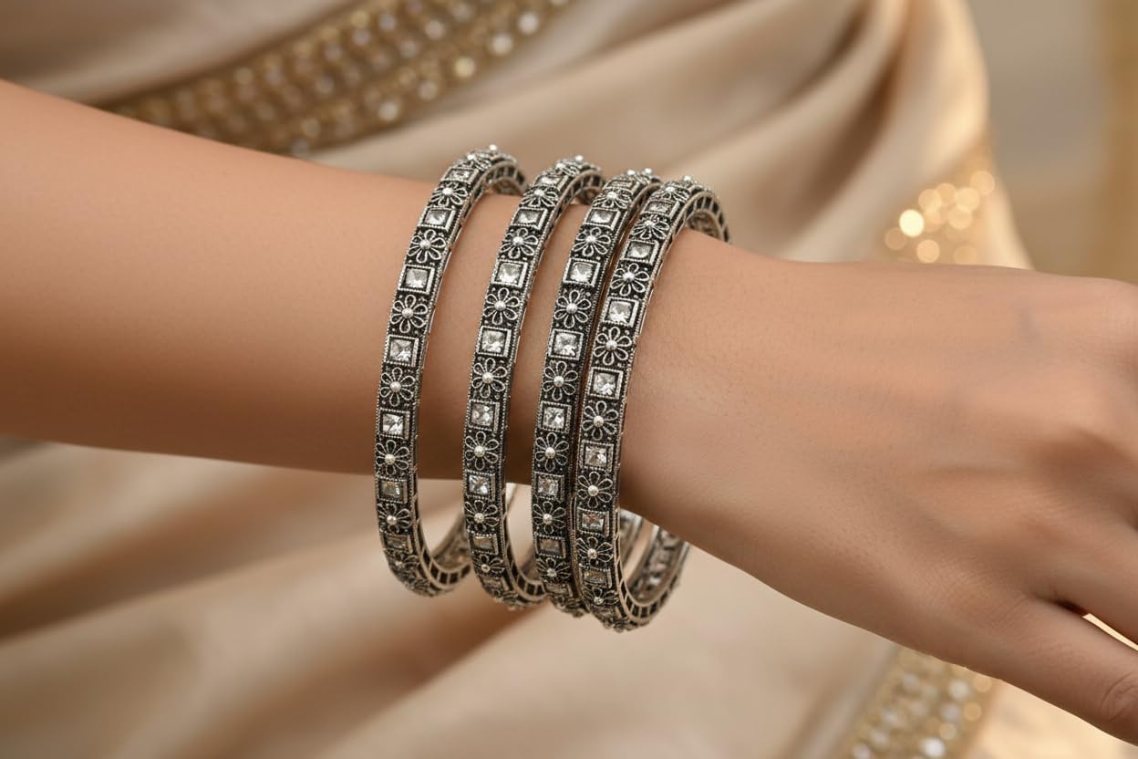 802360-Pretty Precious Oxidised Silver Bangles, Traditional Ethnic Style, Antique Finish, Size 2.4, 2 Pair, 4 Pieces-Ruby Stone