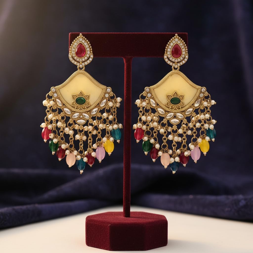 112824-Pretty Precious Traditional Kundan Earring Stylish Party Wear Earrings for Women and Girls-Mehndi Plating-Multicolour