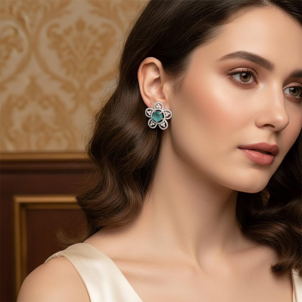 438596-Pretty Precious Rhodium Plated American Diamond Earrings for Women & Girls | AD Stud Earrings | Sparkling Cubic Zirconia Jewellery | Elegant Party & Daily Wear-Mint