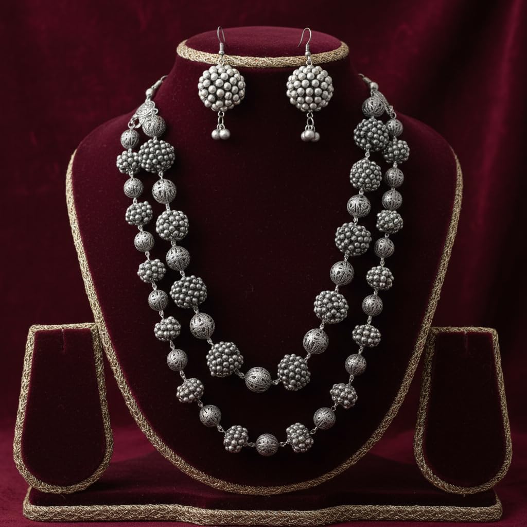 1548-Pretty Precious Latest Stylish Traditional Oxidised Silver Necklace Set for Women | Antique Finish Ethnic Necklace with Matching Earrings | Festive & Party Wear
