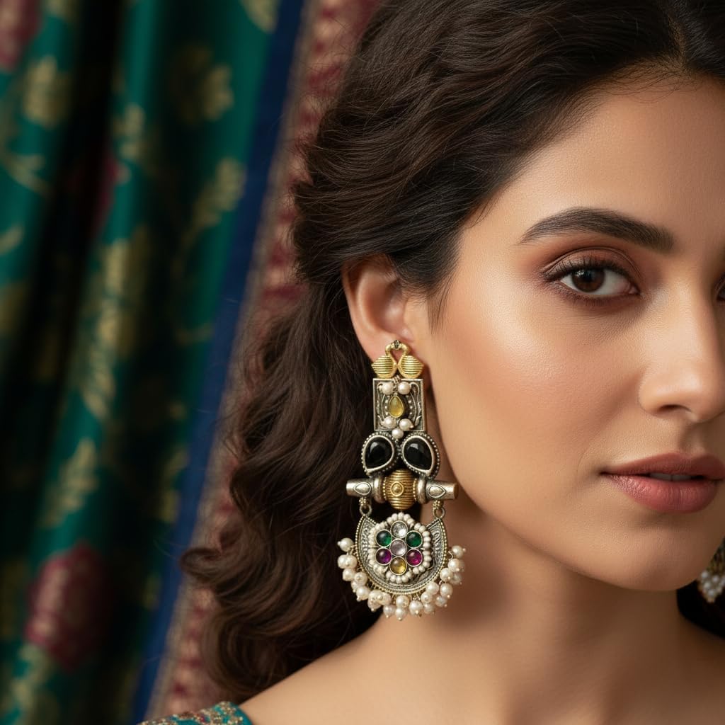 1533-Pretty Precious Oxidised Silver Stylish Party Wear Earrings for Women and Girls-Multicolour