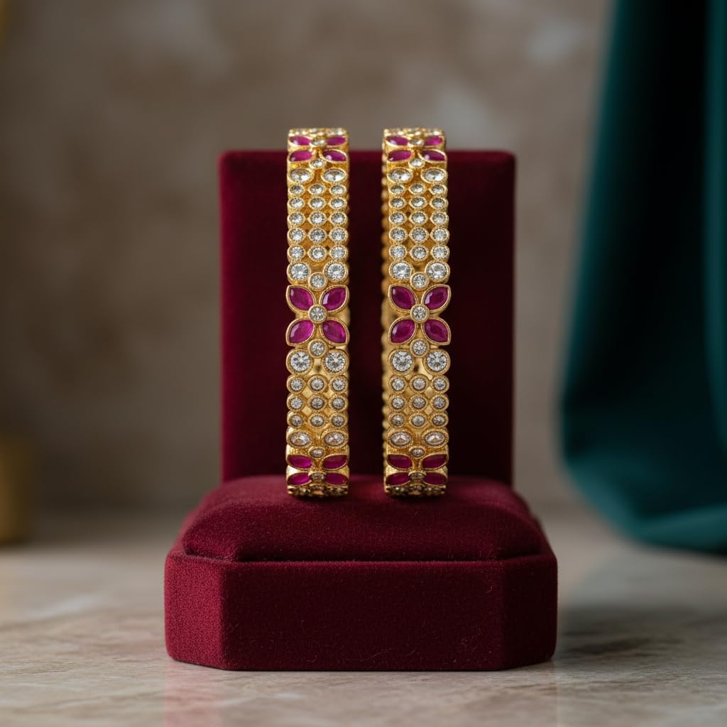 1493-Pretty Precious Gold Plated Cubic Zirconia/American Diamond Traditional Bangles/Bracelet Set of 2 for Women and Girls- Ruby (Size 2.6)