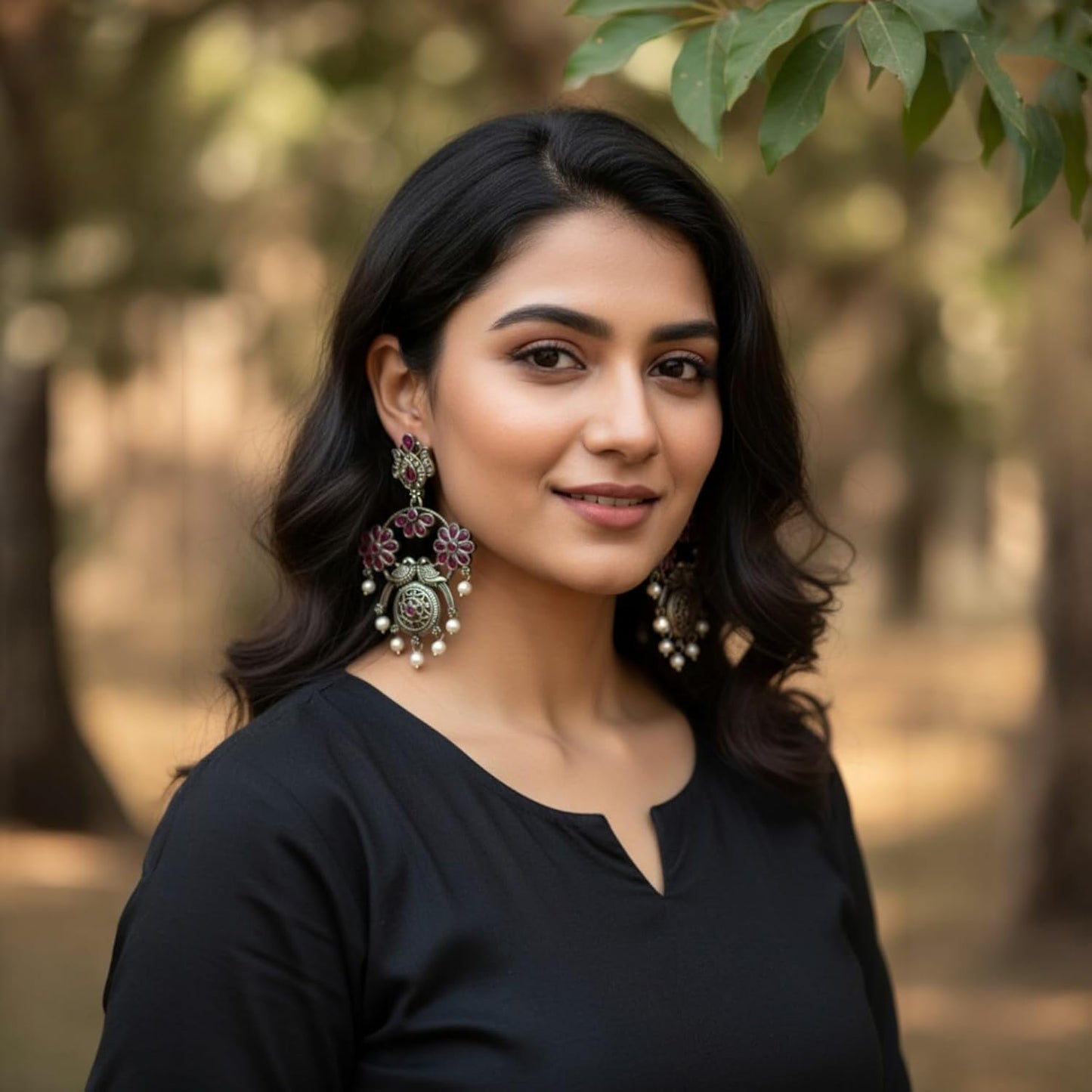 1355-Pretty Precious Oxidised Silver Stylish Party Wear Earrings for Women and Girls-Ruby Colour