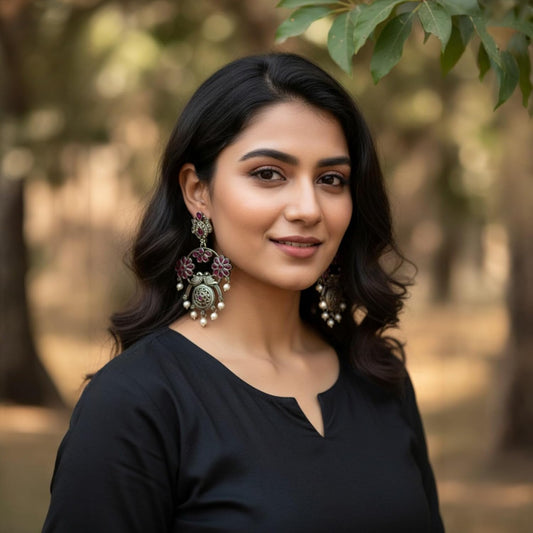 1355-Pretty Precious Oxidised Silver Stylish Party Wear Earrings for Women and Girls-Ruby Colour