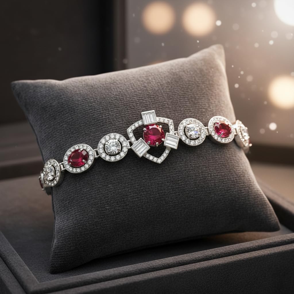 1367-Pretty Precious Adjustable chain Bracelet Cubic Zircon/American Diamond Rohdium Plated for Women and Girls-Ruby colour