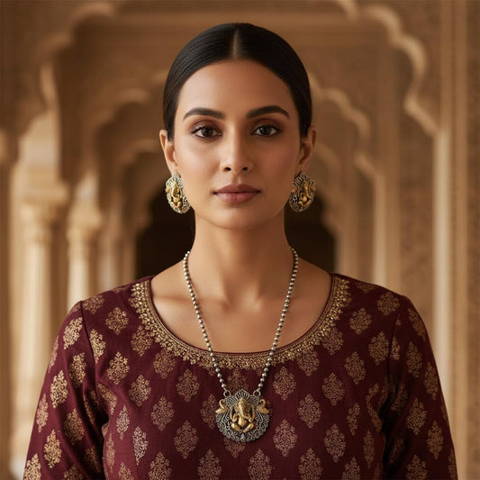 1563-Pretty Precious Latest Stylish Traditional Oxidised Silver Pendant Set for Women & Girls | Ethnic Necklace Jewellery Set for Festive & Casual Wear-Two Tone