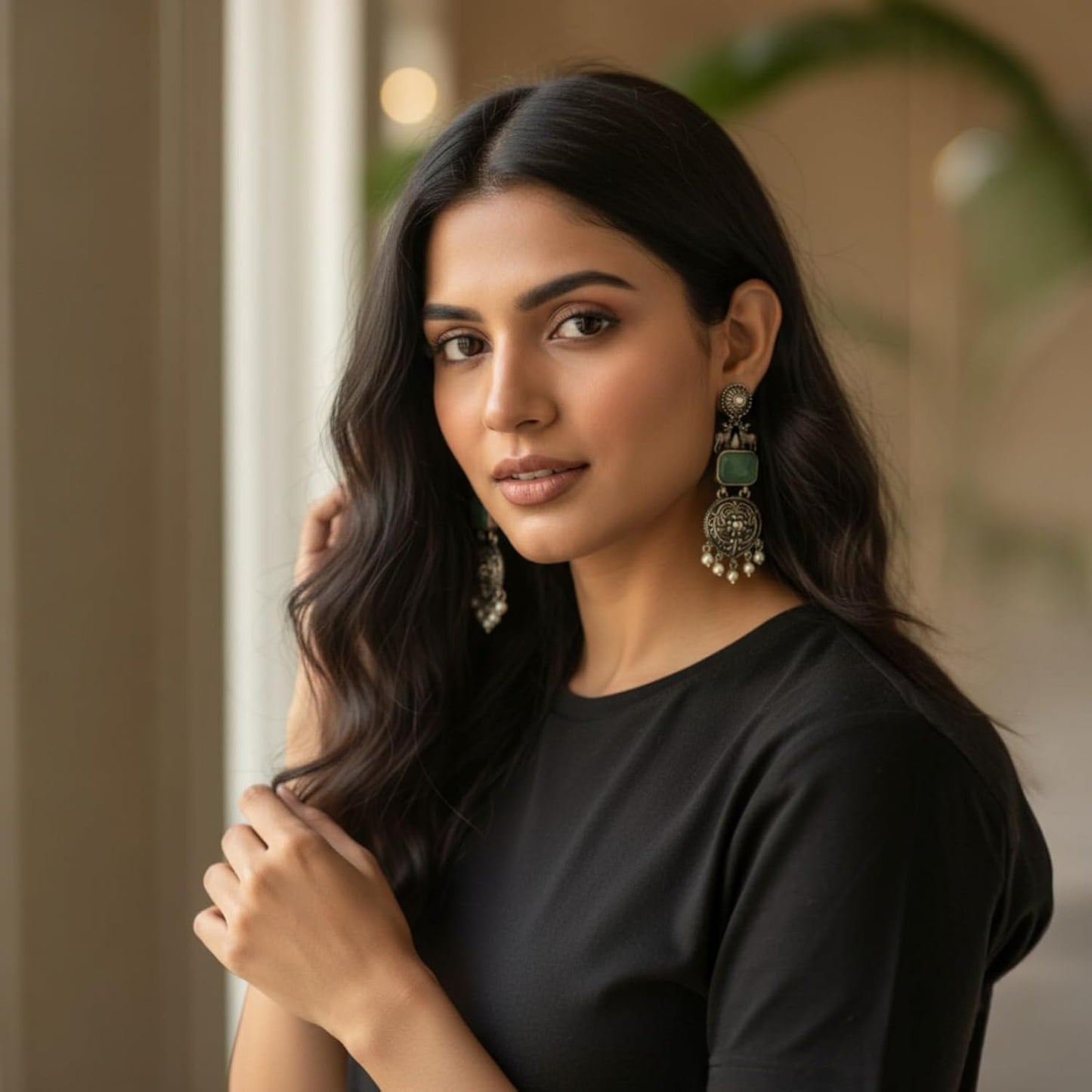 1358-Pretty Precious Oxidised Silver Stylish Party Wear Earrings for Women and Girls-Aqua Colour