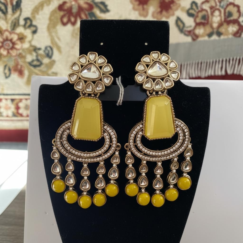 112467-Pretty Precious Traditional Kundan Earring Stylish Party Wear Earrings for Women and Girls-Mehndi Plating-Yellow