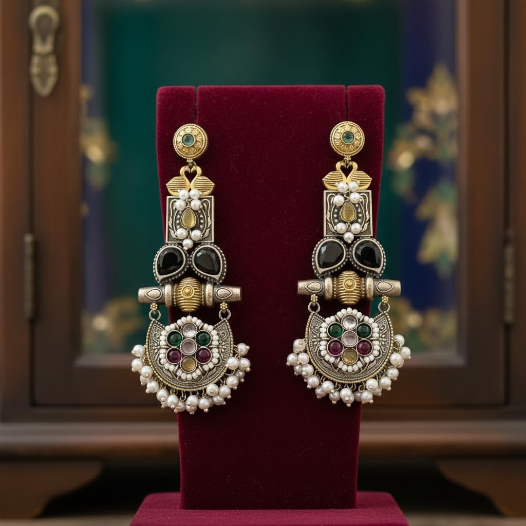 1533-Pretty Precious Oxidised Silver Stylish Party Wear Earrings for Women and Girls-Multicolour