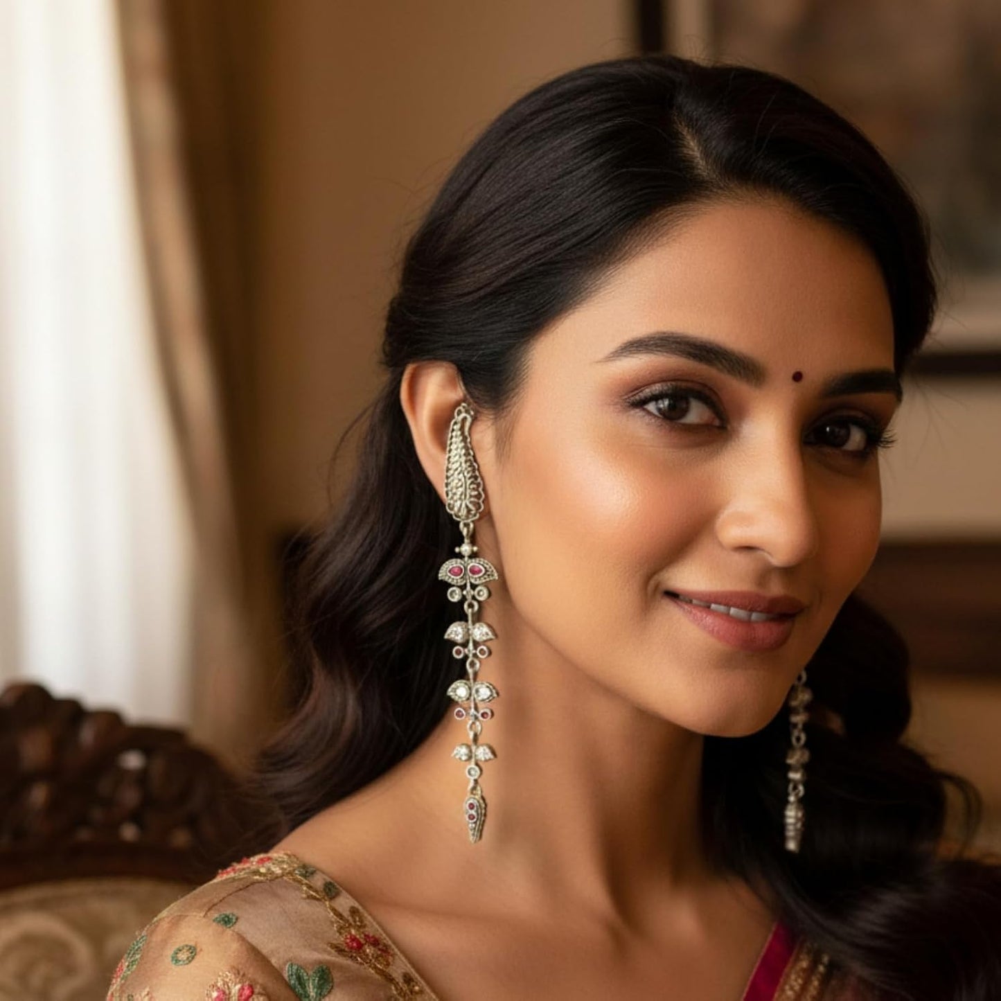 1540-Pretty Precious Oxidised Silver Stylish Party Wear Earrings for Women and Girls-Ruby