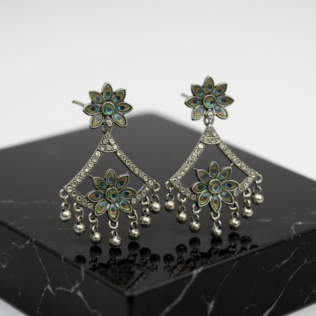 1344-Pretty Precious Oxidised Silver Earrings for Women, Party Wear Dangle Earrings with Cubic Zirconia Stones, Silver Plating-Peacock Design