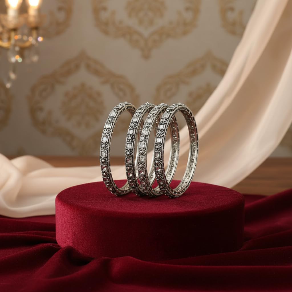 802360-Pretty Precious Oxidised Silver Bangles, Traditional Ethnic Style, Antique Finish, Size 2.4, 2 Pair, 4 Pieces-Ruby Stone