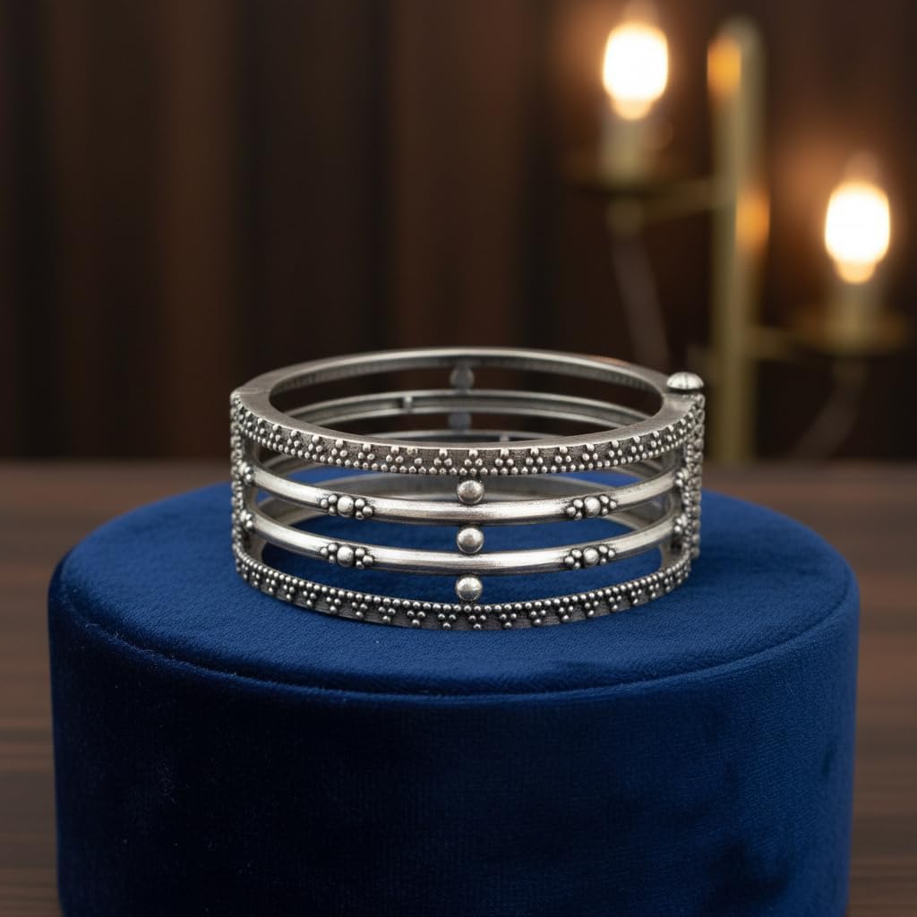 809377-Pretty Precious Oxidised Silver Look Screw Openable Kada Bracelet for Women & Girls | Ethnic & Party Wear Jewellery-Silver