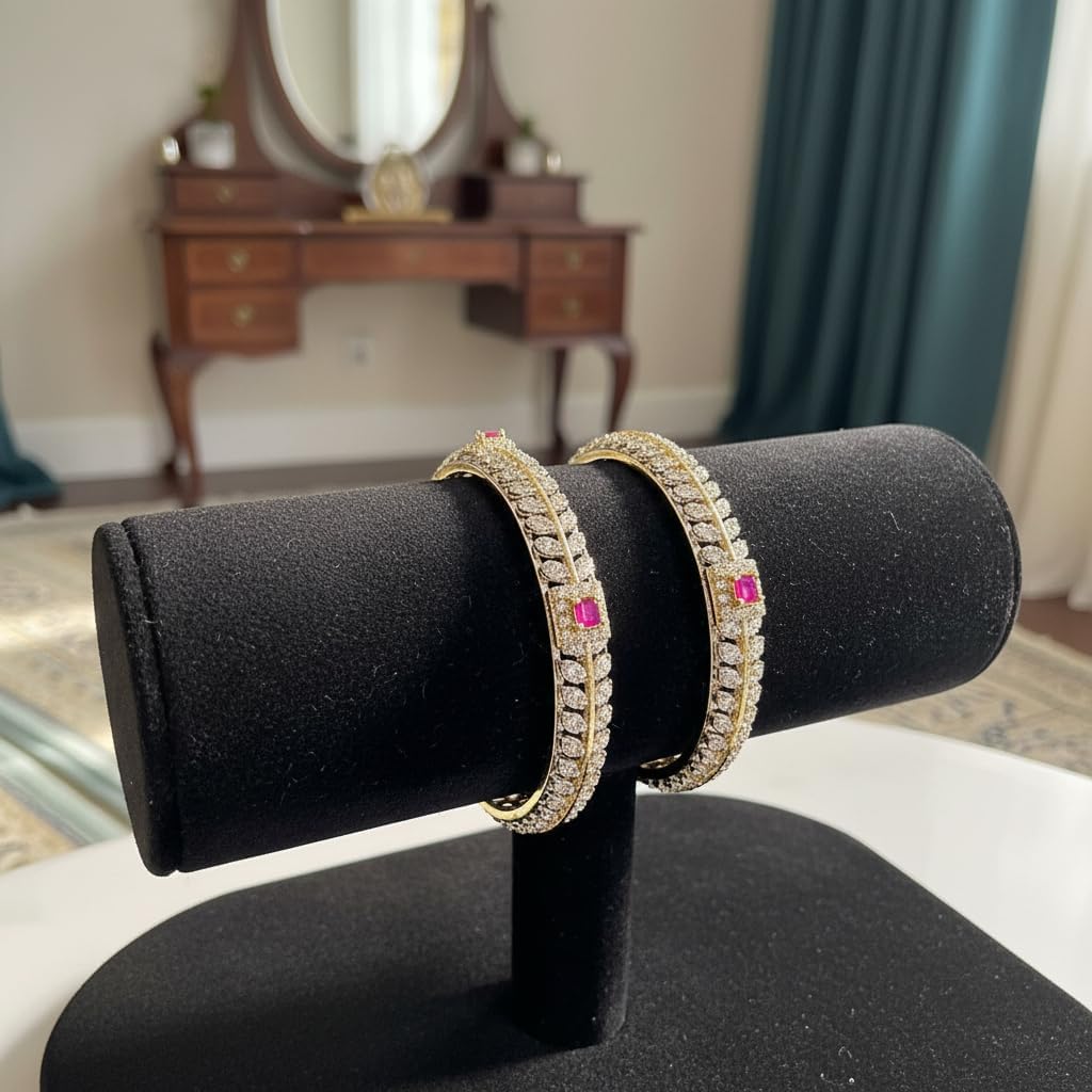 1476-Pretty Precious Two Tone Cubic Zirconia/American Diamond Traditional Bangles/Bracelet Set of 2 for Women and Girls- (Size 2.6)-Ruby