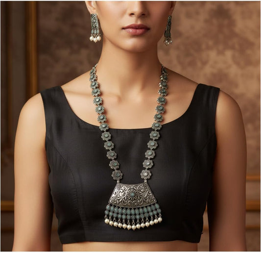 1553-Pretty Precious Latest Stylish Traditional Oxidised Silver Necklace Jewellery Set for Women | Antique Finish Ethnic Necklace with Matching Earrings | Festive & Party Wear-Aqua Colour