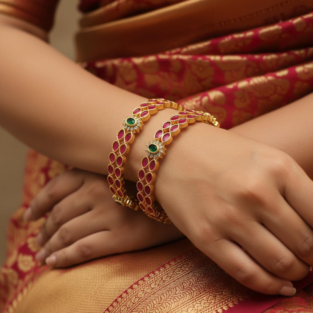 1494-Pretty Precious Gold Plated Cubic Zirconia/American Diamond Traditional Bangles/Bracelet Set of 2 for Women and Girls- Ruby Green (Size 2.6)