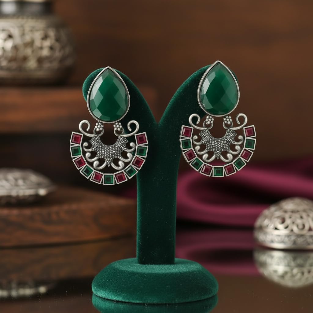 1525-Pretty Precious Oxidised Silver Stylish Party Wear Earrings for Women and Girls-Ruby Green