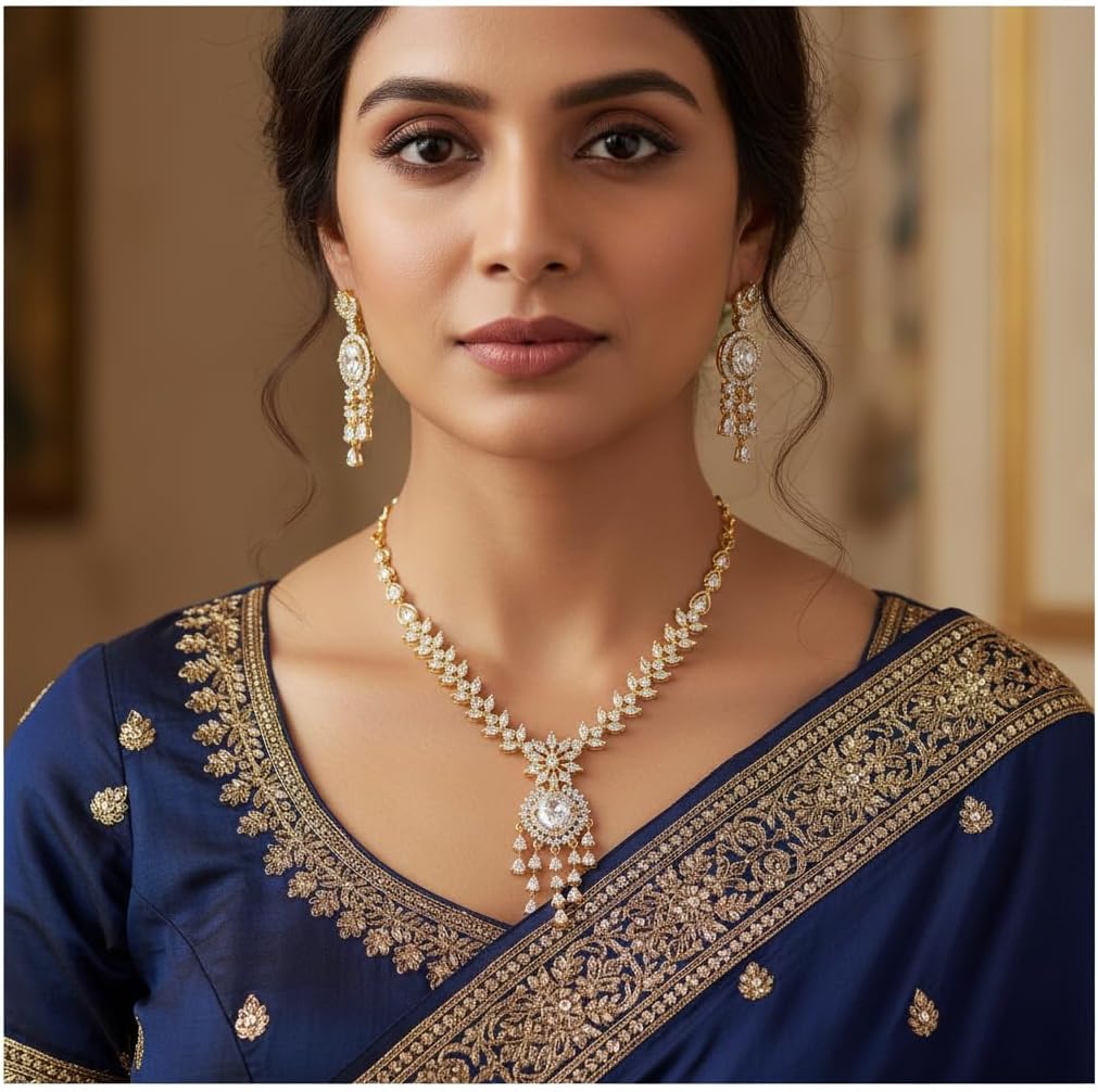 1406-Pretty Precious AD Necklace Set for Women | Two Tone American Diamond Necklace & Earrings Set | Party, Wedding & Festive Jewellery-White Colour