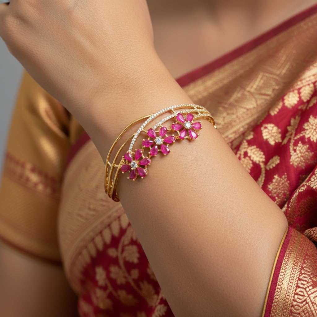 1434-Pretty Precious American Diamond Openable Kada Bracelet for Women, Gold & Silver Plating, Cubic Zirconia, One Size, Party & Wedding-Ruby