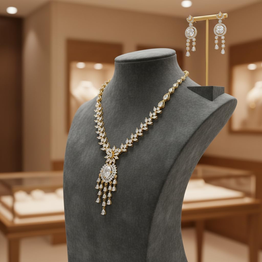 1406-Pretty Precious AD Necklace Set for Women | Two Tone American Diamond Necklace & Earrings Set | Party, Wedding & Festive Jewellery-White Colour